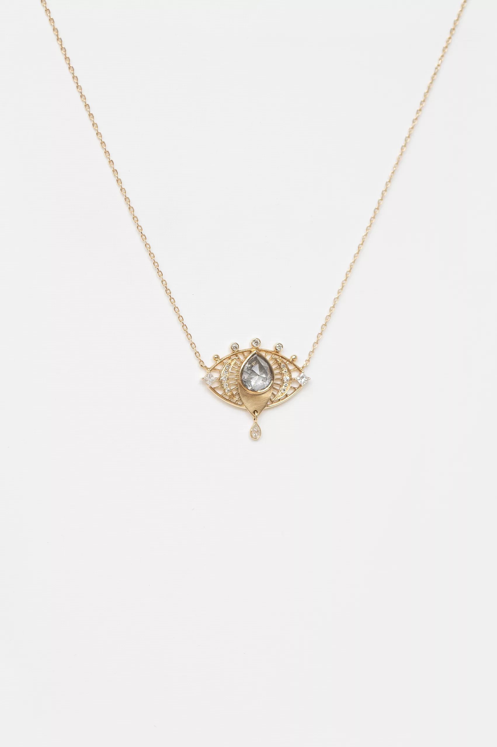 Yellow gold necklace open eye pendant pear grey diamond diamond drops chain Celine Daoust