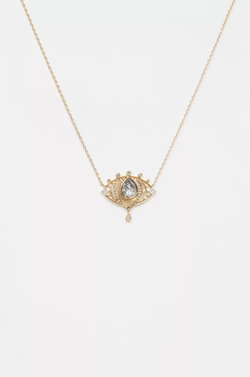 Yellow gold necklace open eye pendant pear grey diamond diamond drops chain Celine Daoust