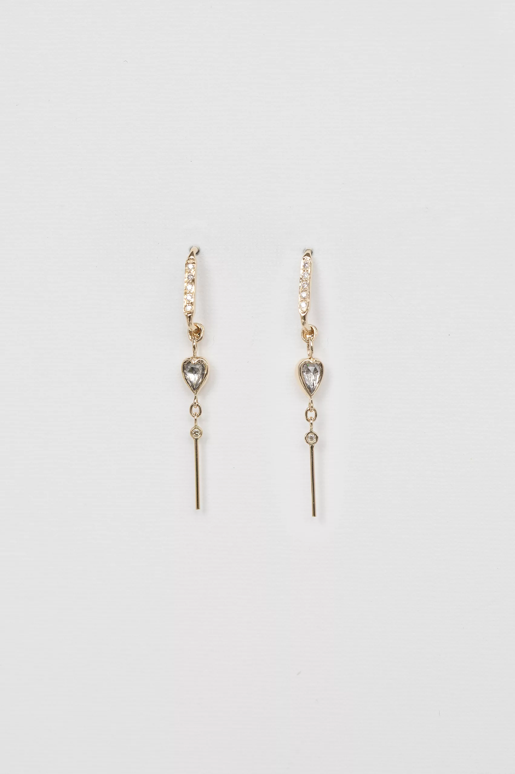 Yellow gold threader earrings pear champagne diamond heart diamond bar drop pair Celine Daoust