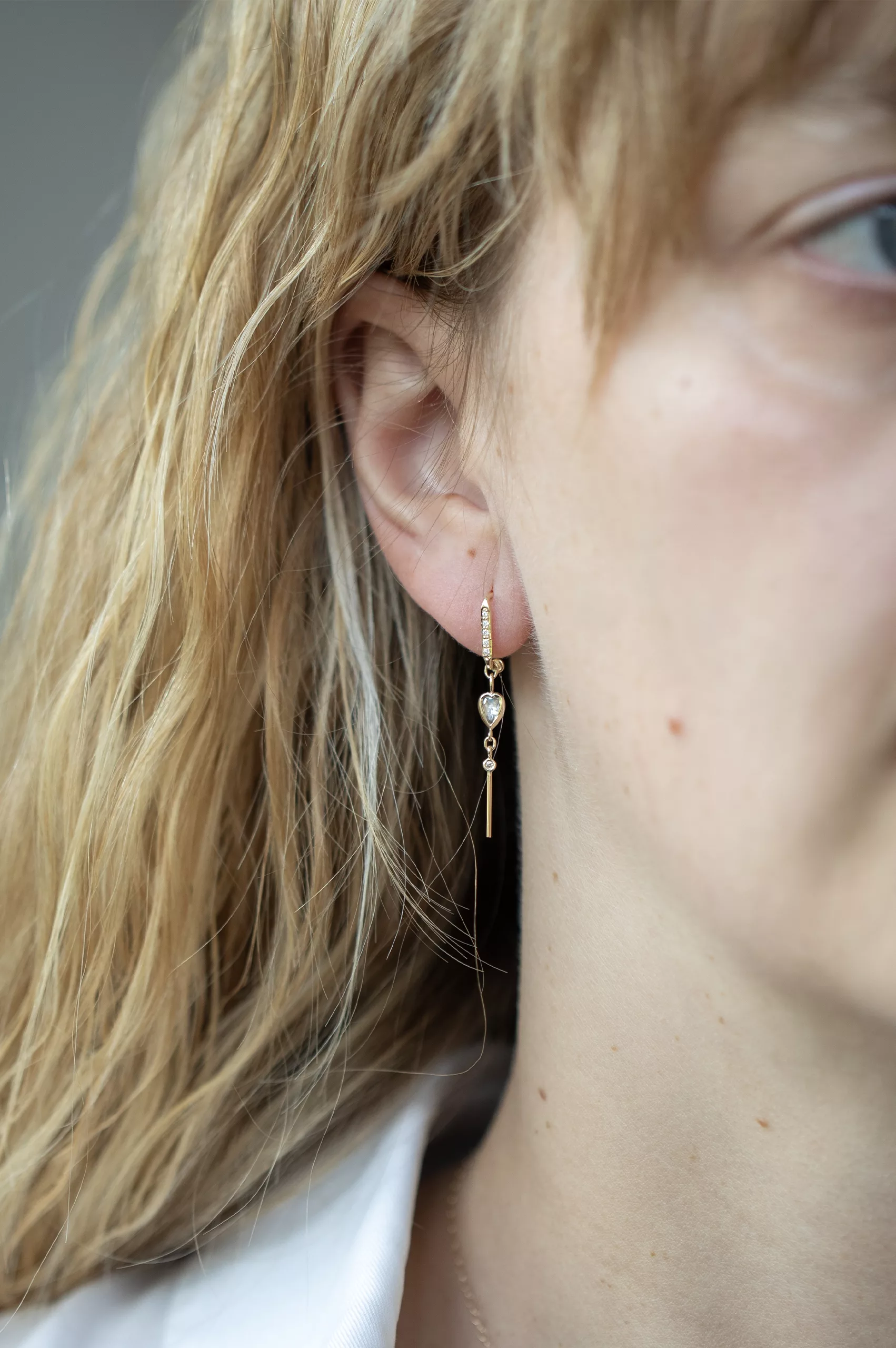 Yellow gold threader earrings pear champagne diamond heart diamond bar drop pair Celine Daoust