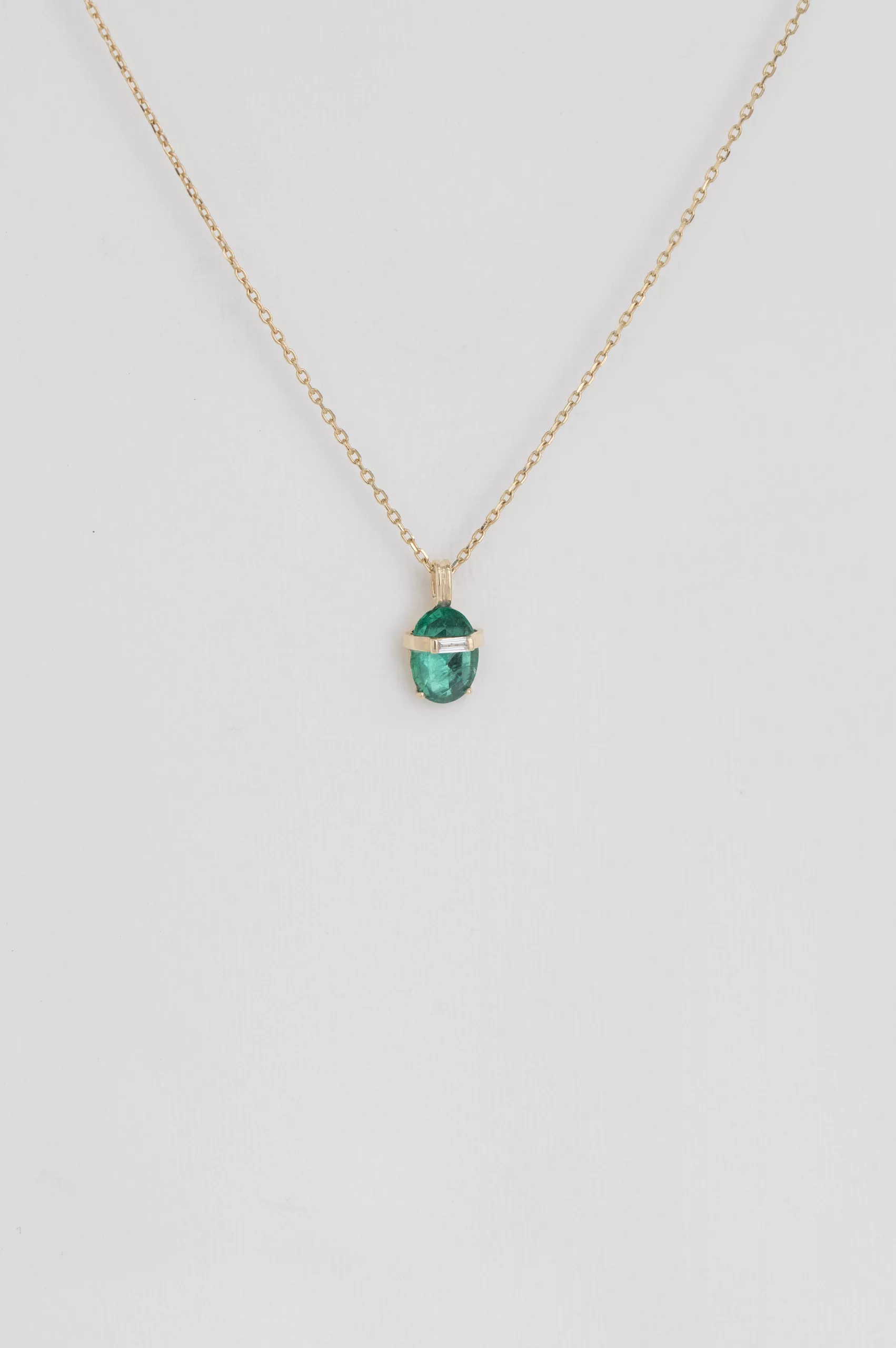One of a Kind yellow gold Emerald and Three diamonds Pendant Necklace