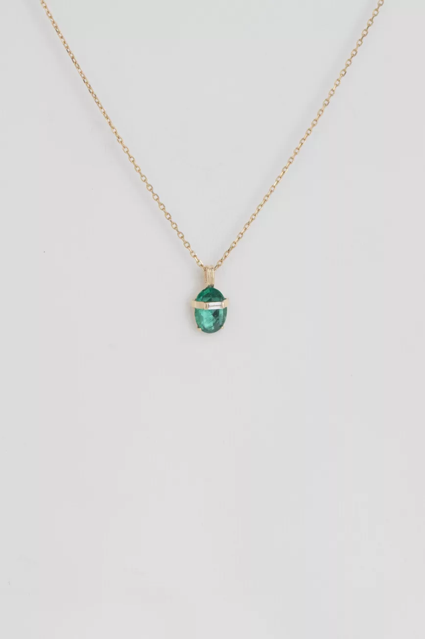 One of a Kind yellow gold Emerald and Three diamonds Pendant Necklace