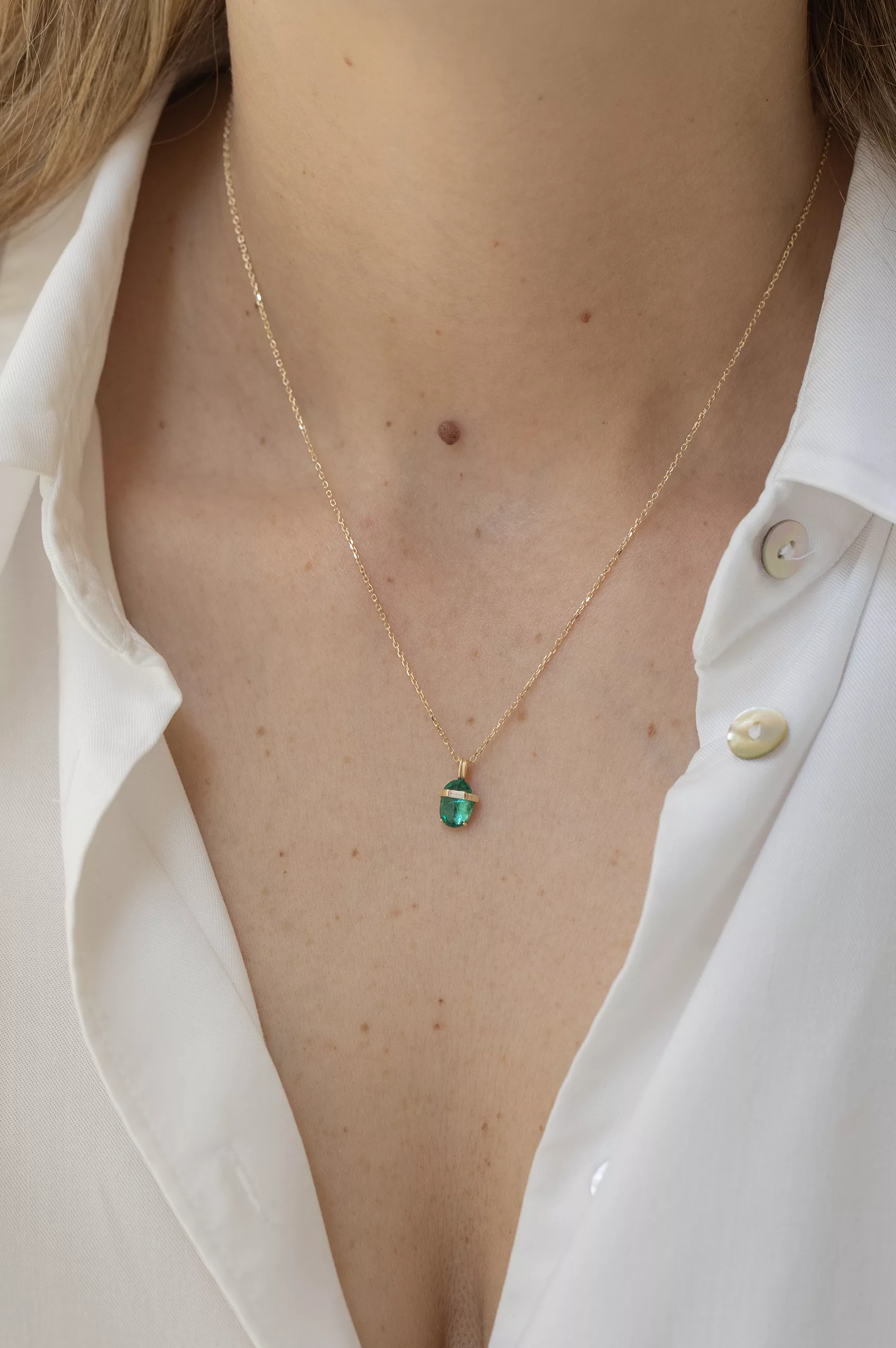 One of a Kind yellow gold Emerald and Three diamonds Pendant Necklace