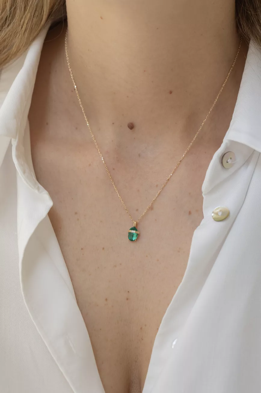 One of a Kind yellow gold Emerald and Three diamonds Pendant Necklace