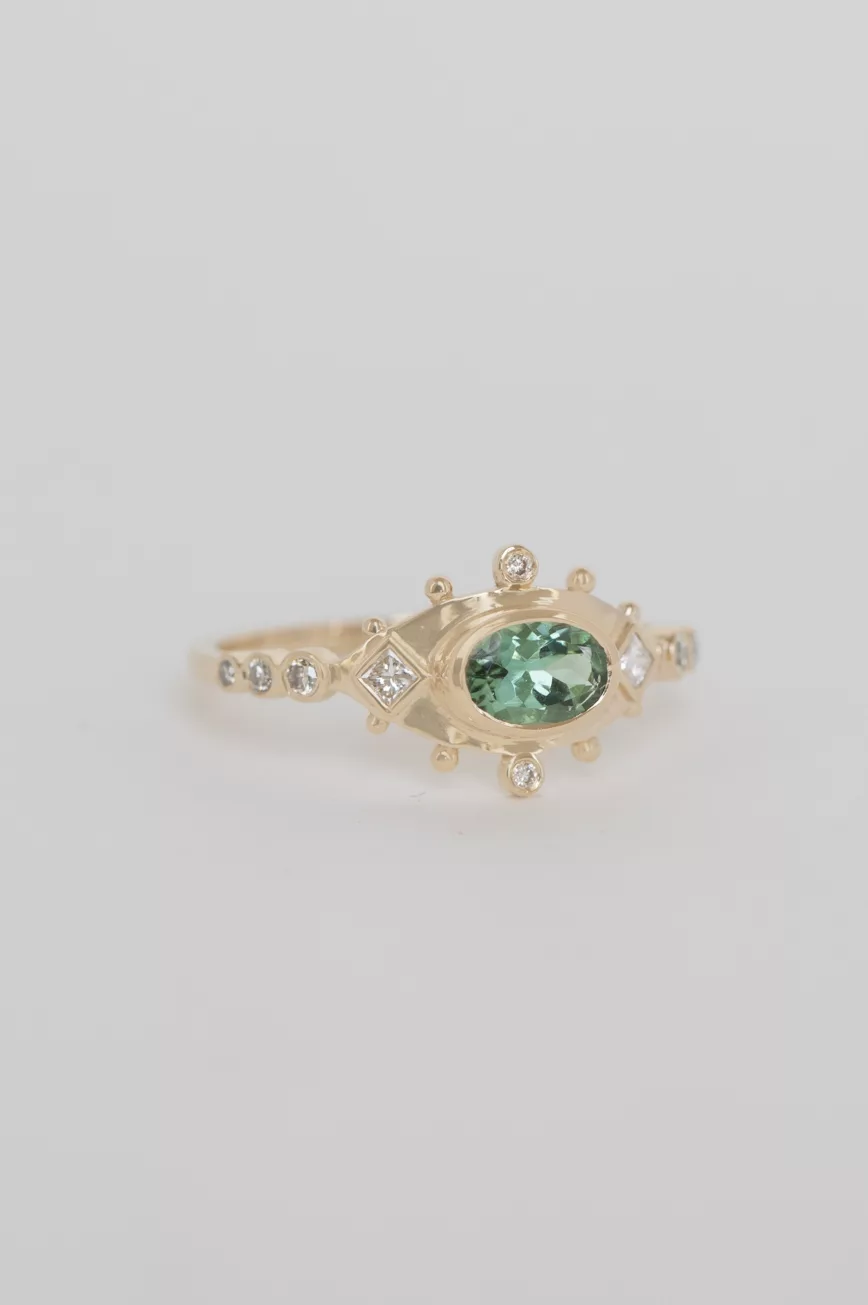 Yellow gold One of a kind green Tourmaline and Diamonds Ring