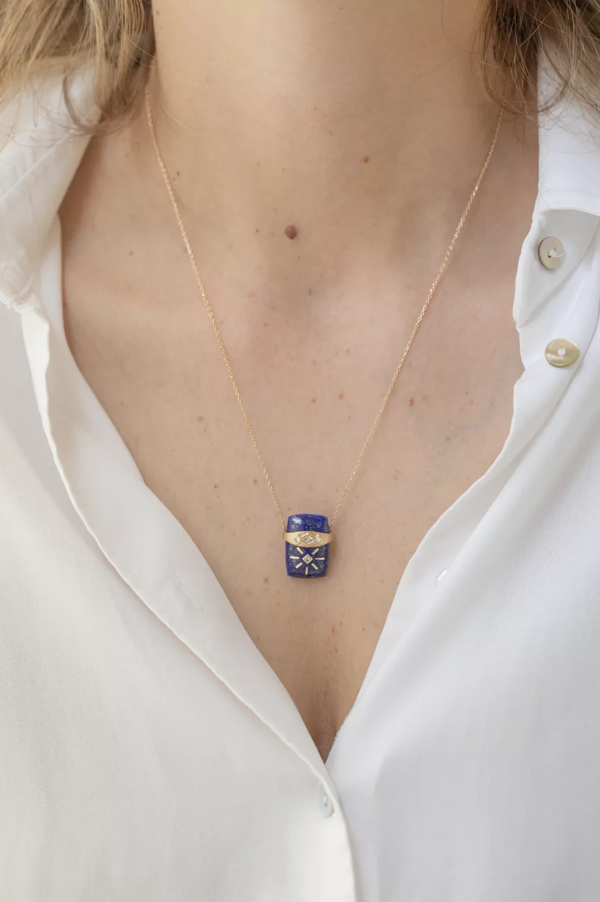 One of a Kind_Celine Daoust Lapis with Diamonds Gold Band Chain Necklace