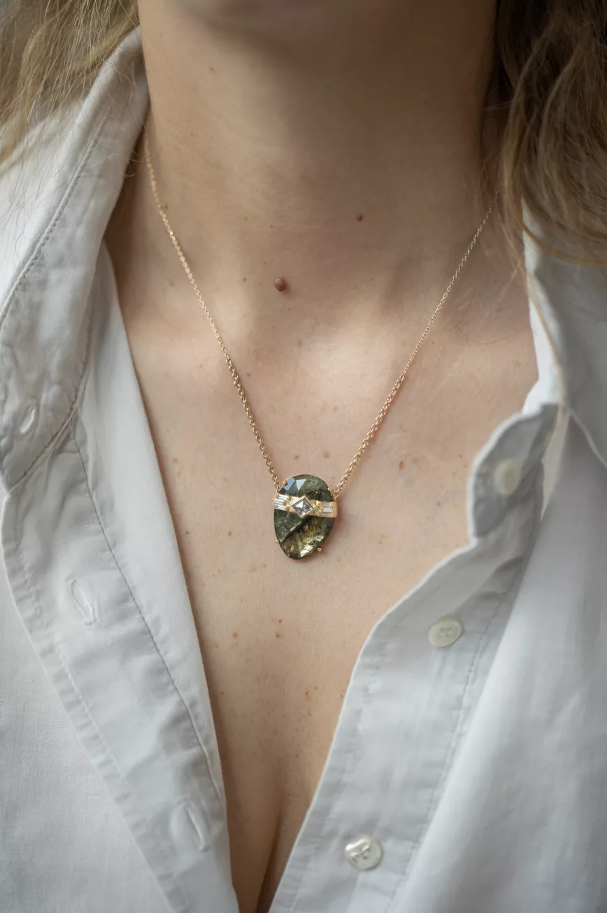 Big Tourmaline with Grey diamond Square & Diamond Baguettes Chain Necklace