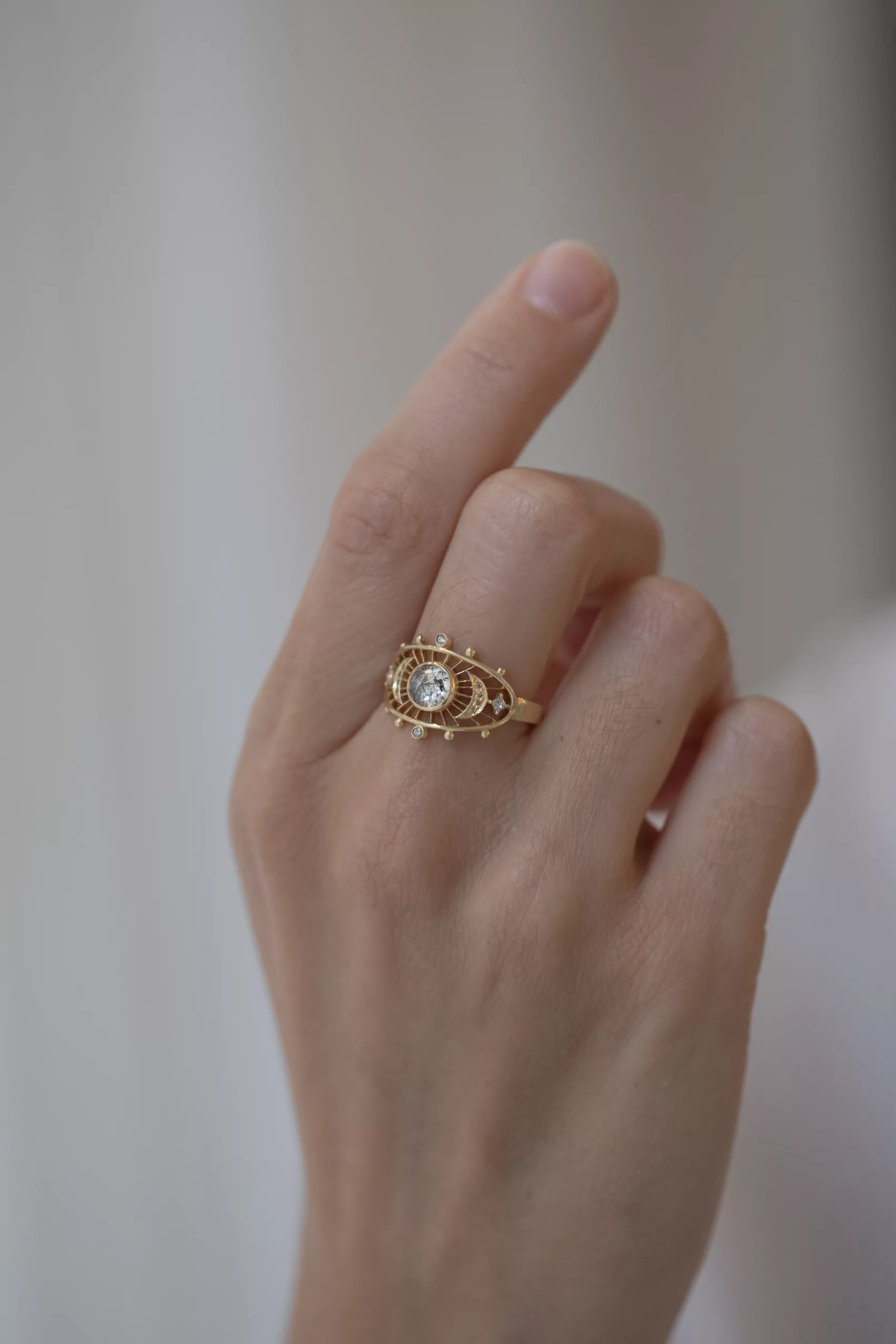 Celine Daoust yellow gold Dream Maker Round Grey Diamond and Diamond Moons ring