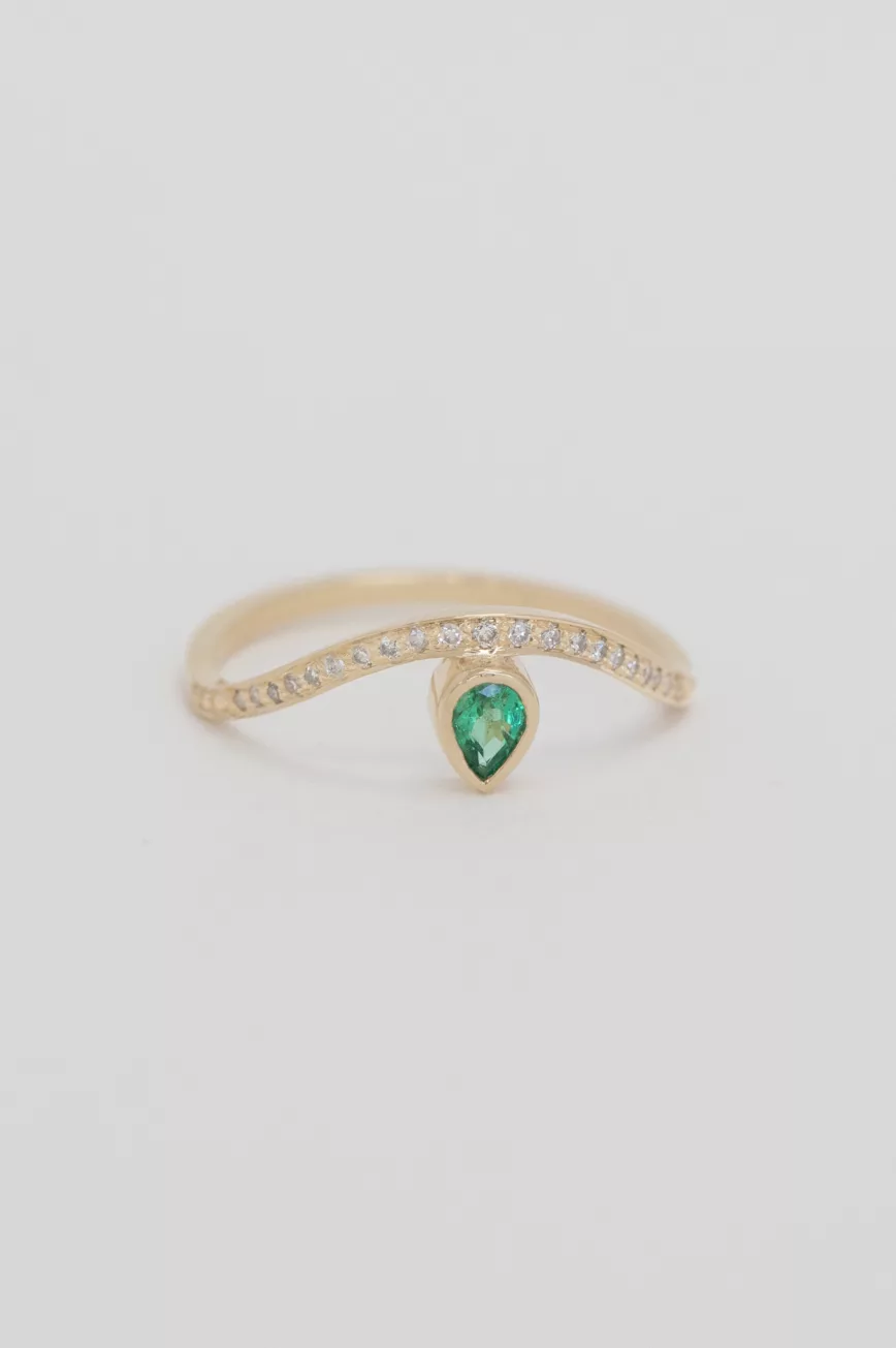Celine Daoust yellow gold Pear Emerald and Crown Wave Ring