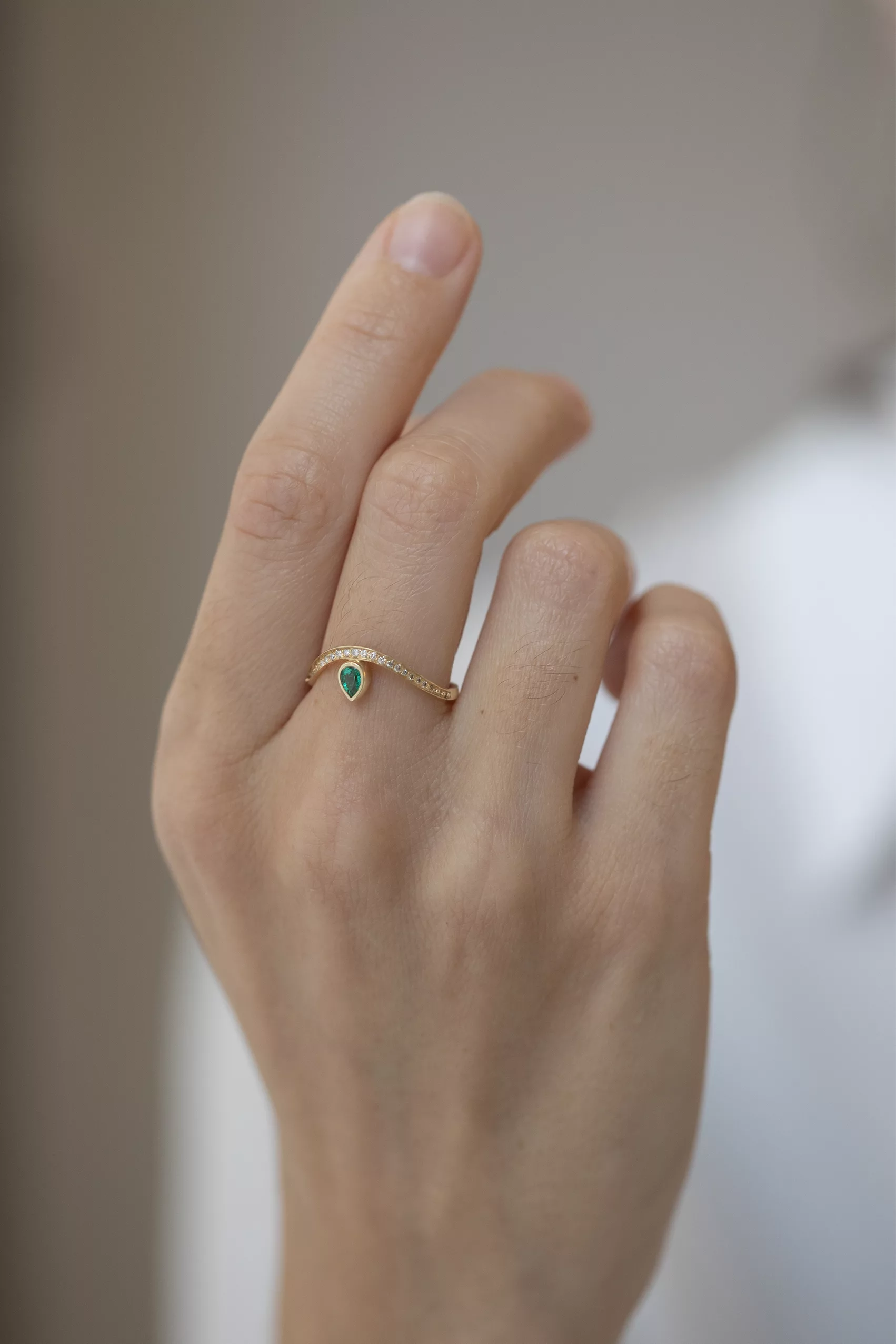 Celine Daoust yellow gold Pear Emerald and Crown Wave Ring