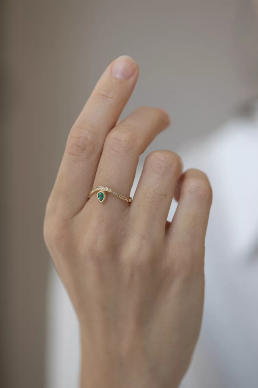 Celine Daoust yellow gold Pear Emerald and Crown Wave Ring